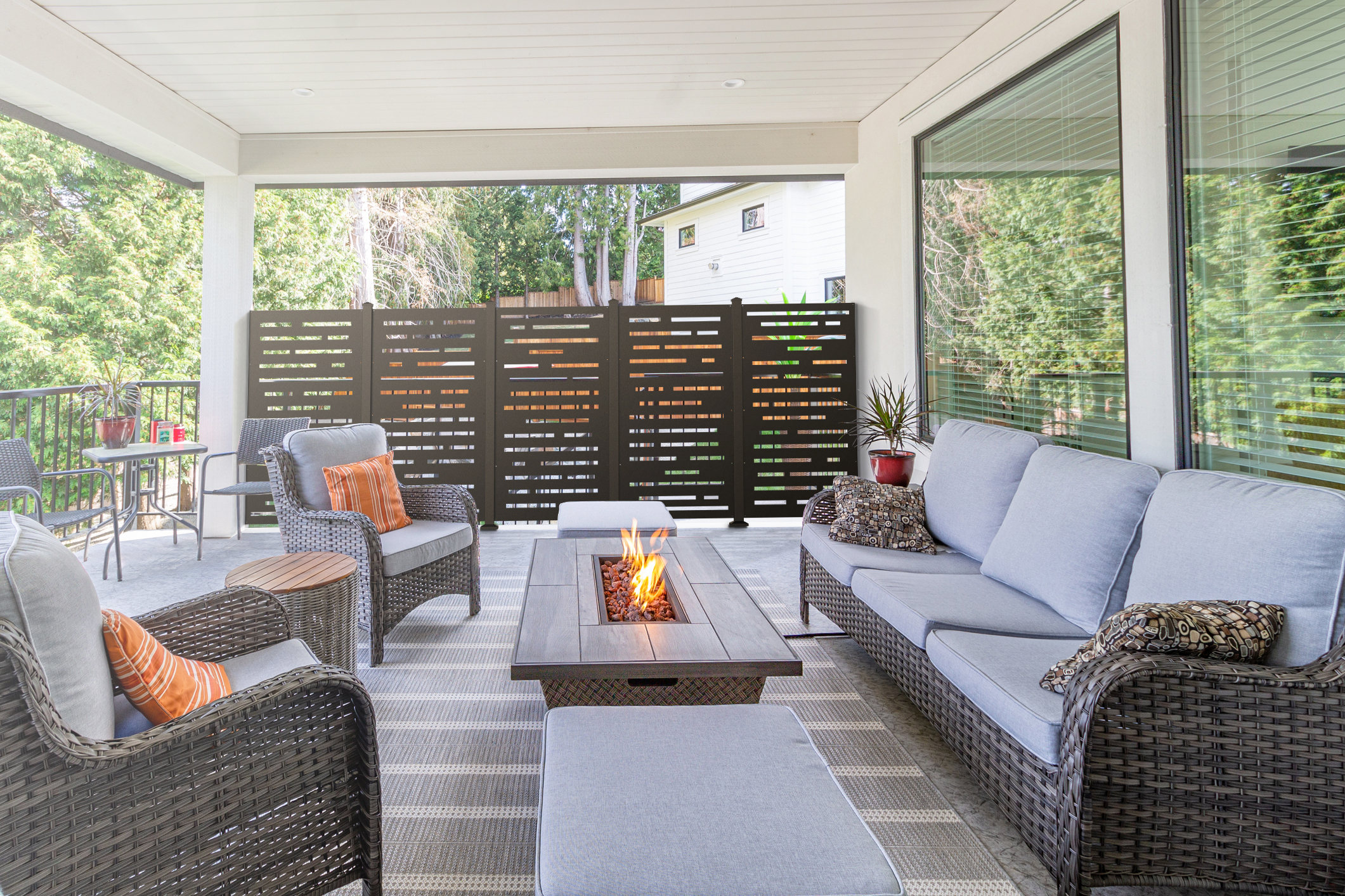 Wall Theory privacy screens on a covered patio